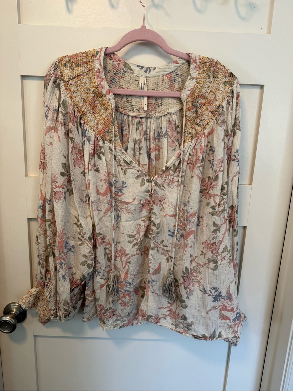 Anthropologie Floral Smocked Peasant Blouse in Cream, Pink & Green
